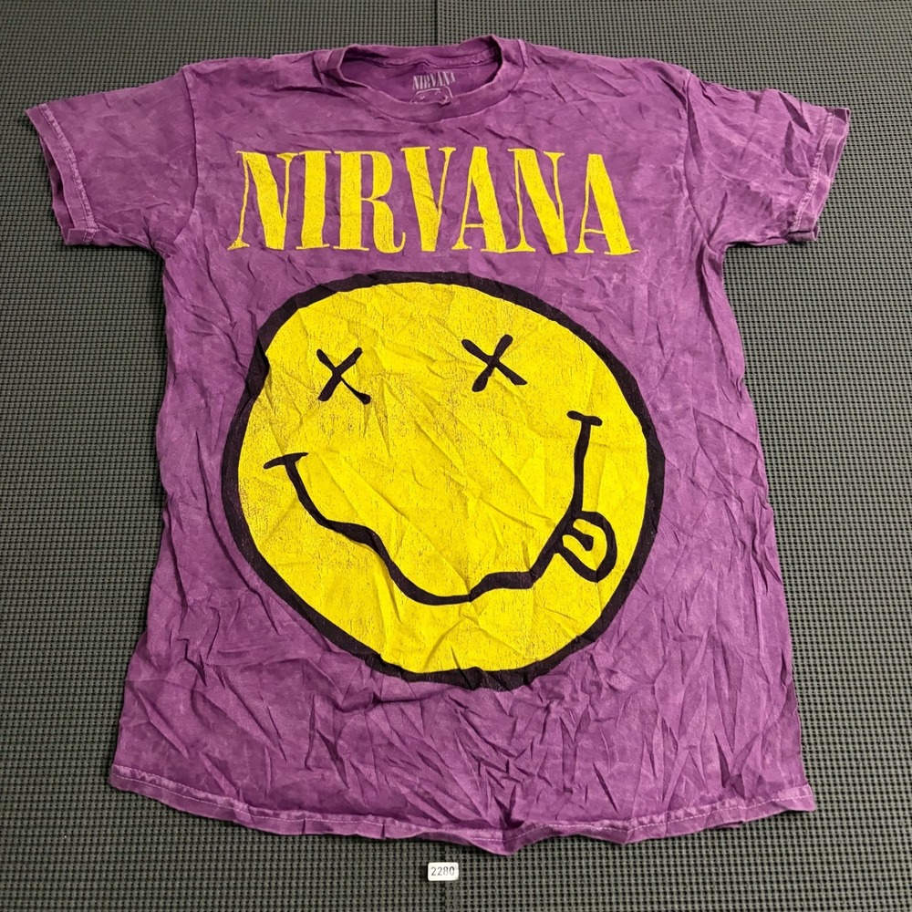Nirvana Smiley Face Graphic T-Shirt Purple Acid Wash Mens Medium Short Sleeve